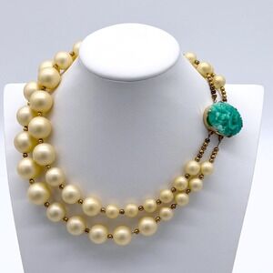 Vintage‎ Molded Green Glass Floral Cabochon Necklace Faux Pearl Mid Century